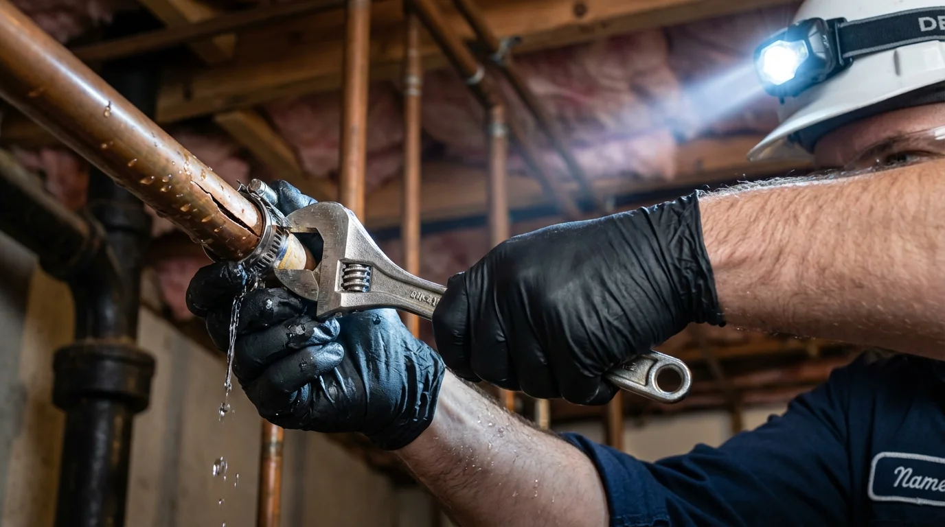 Emergency pipe clamp repair being performed by a Johns Plumbing LLC plumber in Bloomer