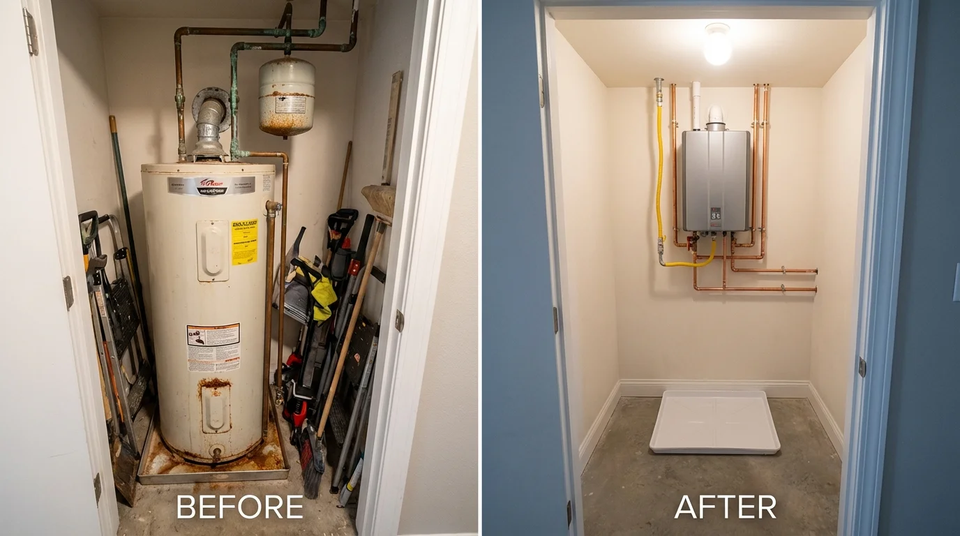Tank water heater versus wall-mounted tankless unit comparison for Bloomer, WI homeowners