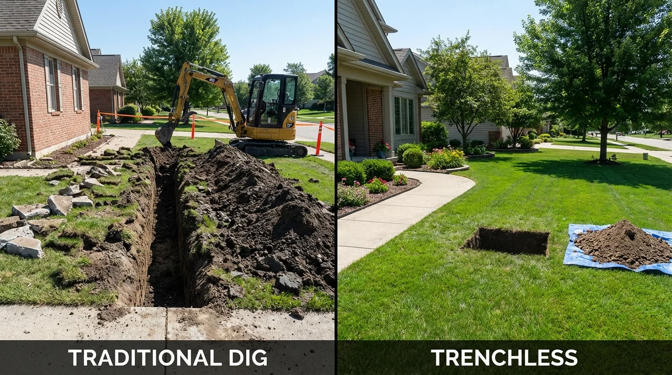 Trenchless sewer repair with minimal yard damage versus traditional excavation in Bloomer, WI
