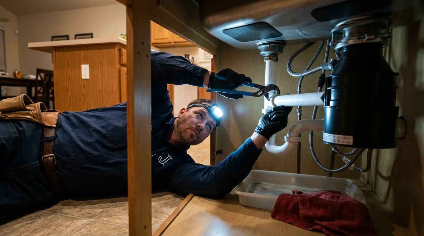 P-trap and supply line connections under a kitchen sink showing a common leak point in Bloomer, WI